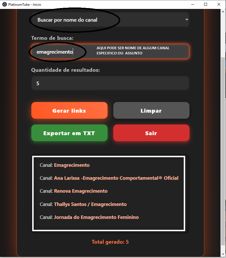 Tela de Busca por Nome do Canal