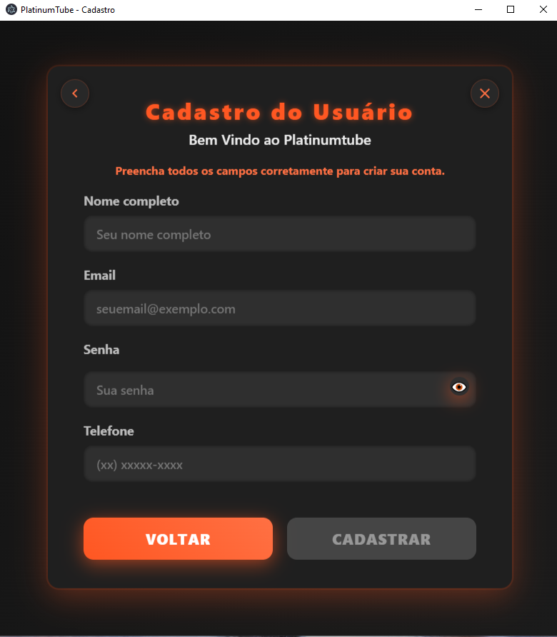 Tela de Cadastro PlatinumTube