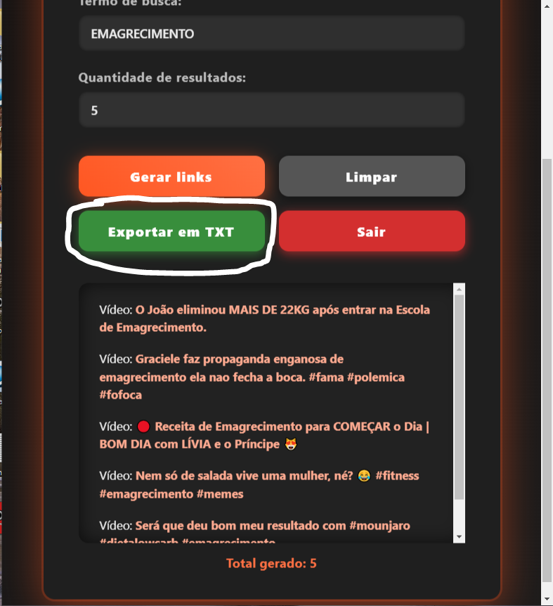 Tela de Exportação de Links